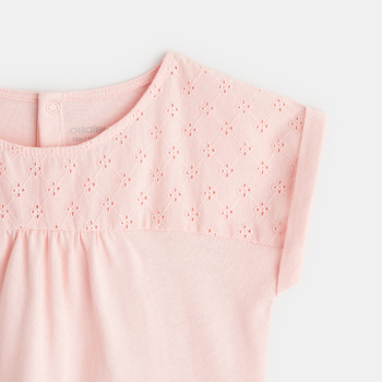 T-shirt bi-matière broderie anglaise rose bébé fille