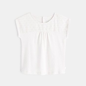 T-shirt bi-matière broderie anglaise blanc bébé fille