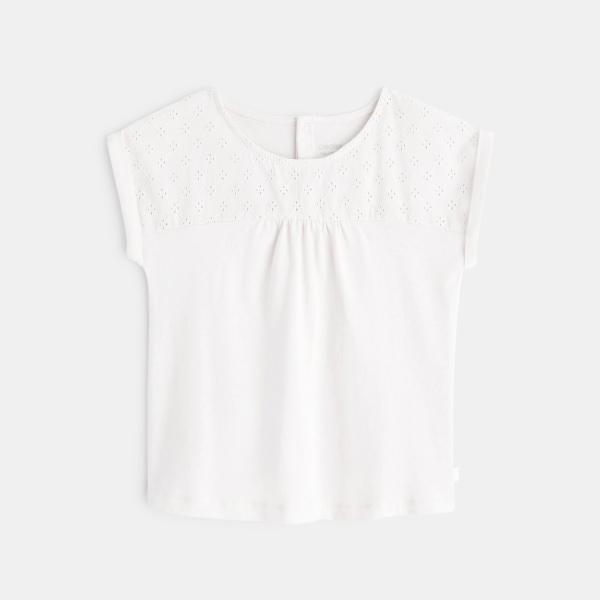 T-shirt bi-matière broderie anglaise blanc bébé fille