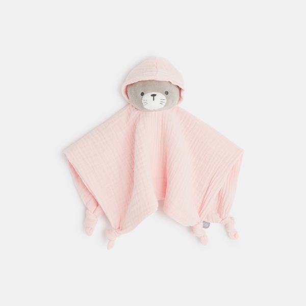 Doudou plat chat en lange de coton rose naissance