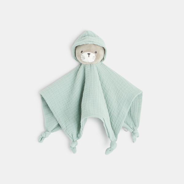 Doudou plat chat en lange de coton vert naissance