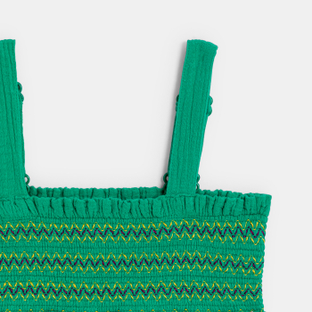 Robe à smocks en gaze de coton vert Fille