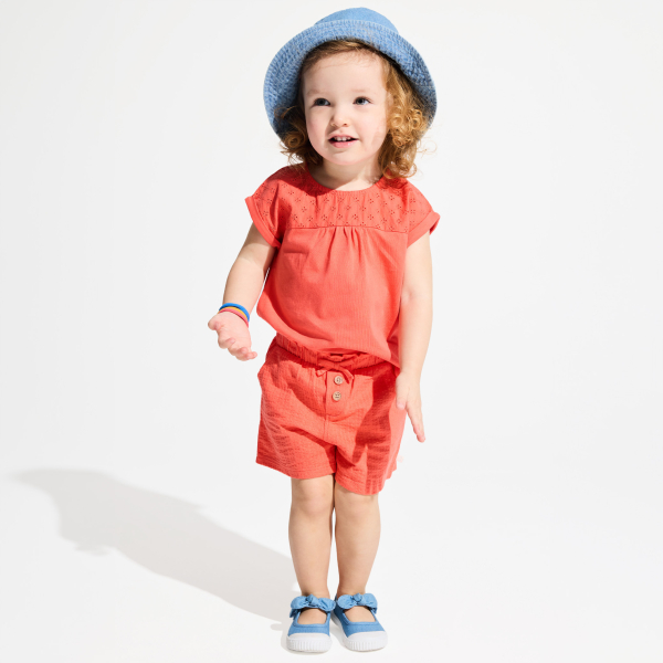 T-shirt bi-matière broderie anglaise orange bébé fille