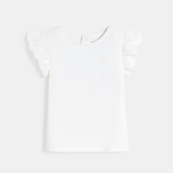 Baby girl's white T-shirt with broderie anglaise sleeves