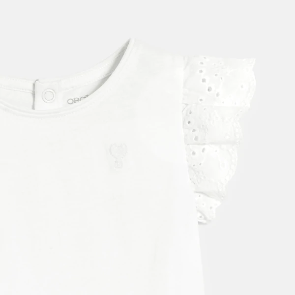 Baby girl's white T-shirt with broderie anglaise sleeves