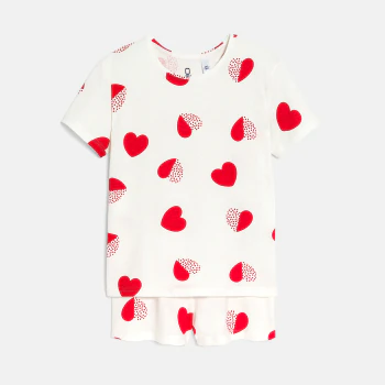 Girls' white heart print shorty pyjamas
