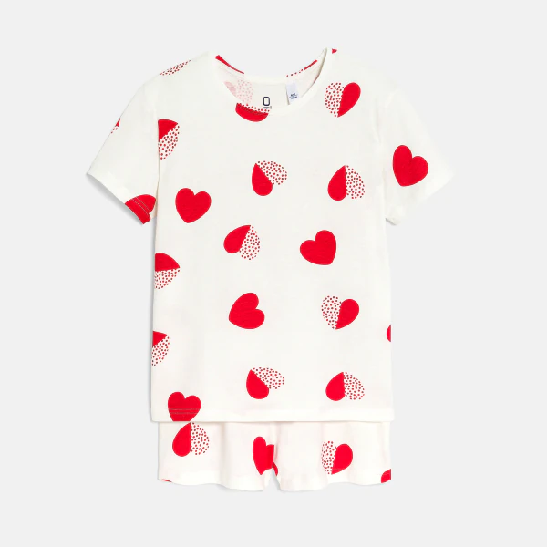 Girls' white heart print shorty pyjamas