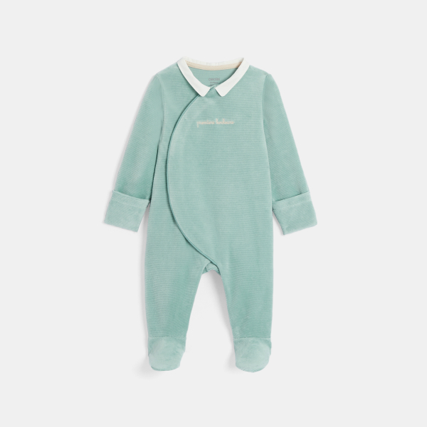 Baby boy's green ribbed velvet sleepsuit