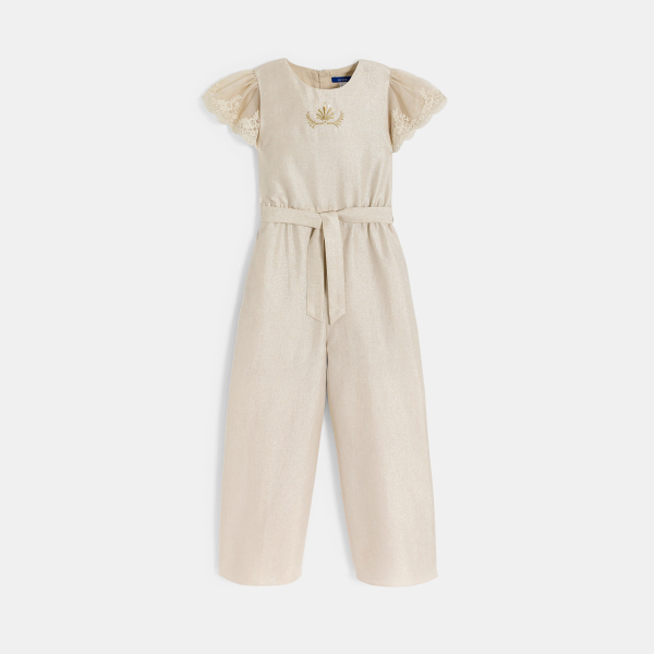 Girl's beige sequinned linen jumpsuit