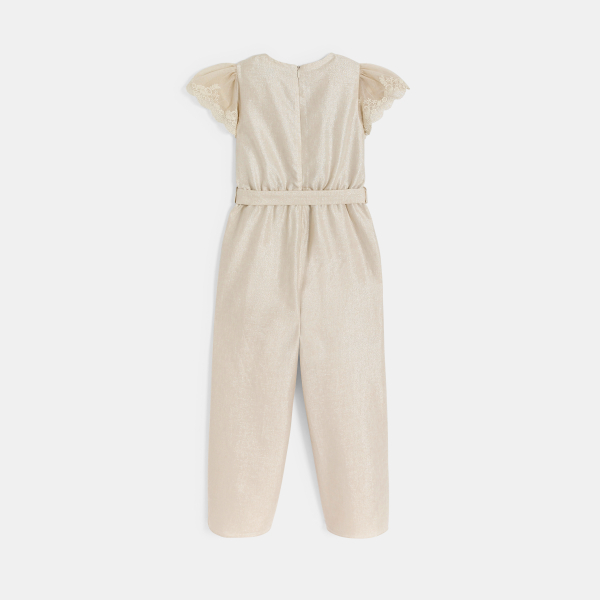 Girl's beige sequinned linen jumpsuit