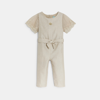 Baby girl's sparkly beige long jumpsuit with short embroidered sleeves