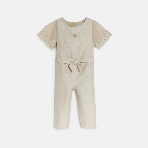 Combi longue irisée manches courtes brodées beige bébé fille