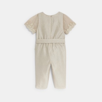 Baby girl's sparkly beige long jumpsuit with short embroidered sleeves