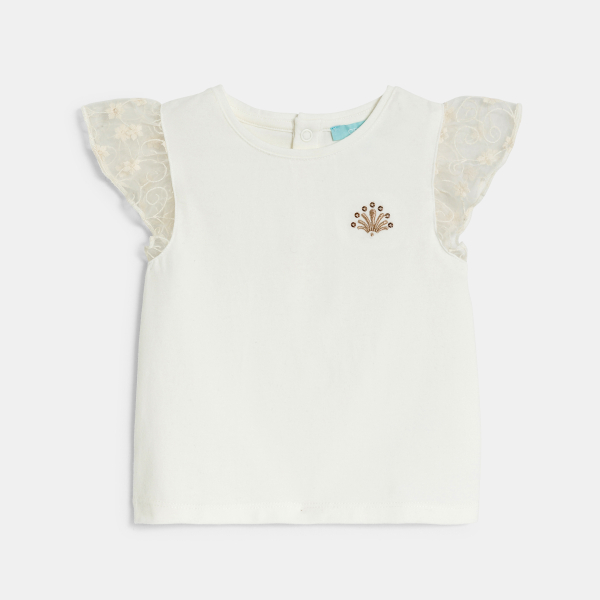 Baby girl's white embroidered short-sleeve T-shirt