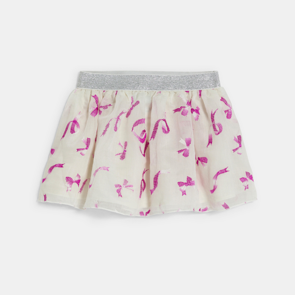 Baby girl's pink flowing skirt with bows and shiny waistband