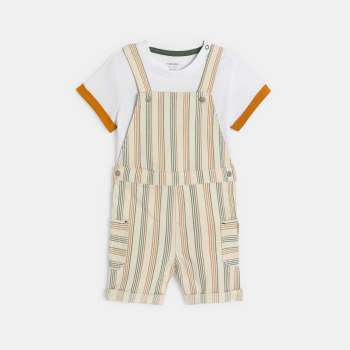 Baby boy's brown striped short overalls and T-shirt