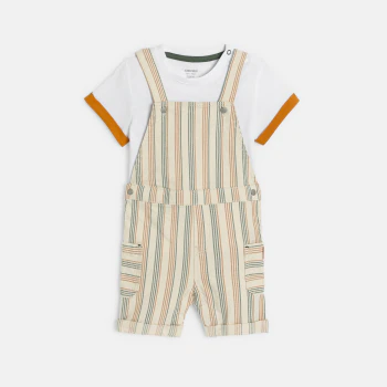 Salopette courte rayée et t-shirt marron bébé garçon