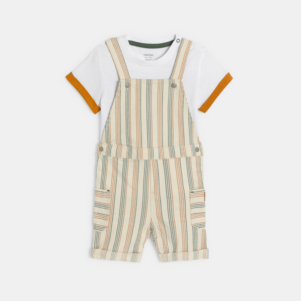 Baby boy's brown striped short overalls and T-shirt