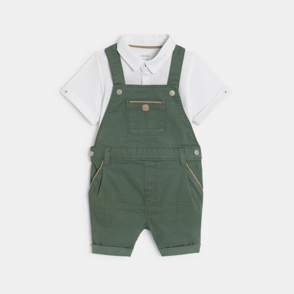 Baby boy's green short dungarees and polo shirt