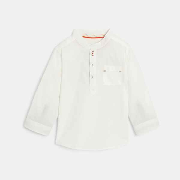 Baby boy's white textured cotton shirt with Henley collar