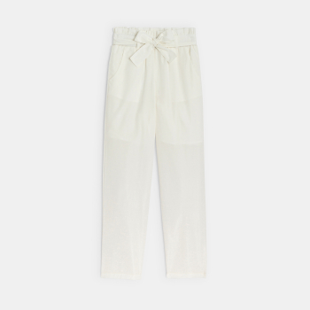 Girl's white paper bag style straight-cut trousers