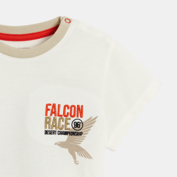 Baby boy's white piqué fabric T-shirt with falcon design