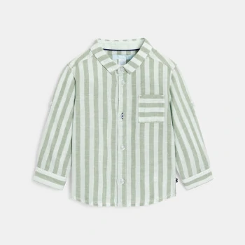 Chemise lin et coton rayée manches retroussables vert bébé garçon