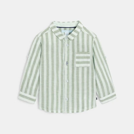 Chemise lin et coton rayée manches retroussables vert bébé garçon