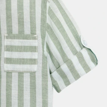Chemise lin et coton rayée manches retroussables vert bébé garçon