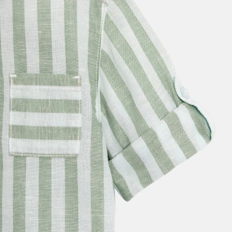 Chemise lin et coton rayée manches retroussables vert bébé garçon