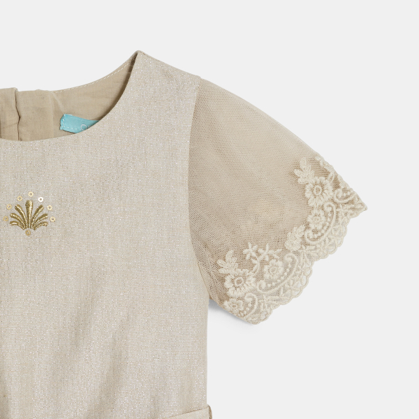 Baby girl's sparkly beige long jumpsuit with short embroidered sleeves