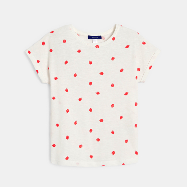 Girl's white short-sleeve strawberry motif T-shirt