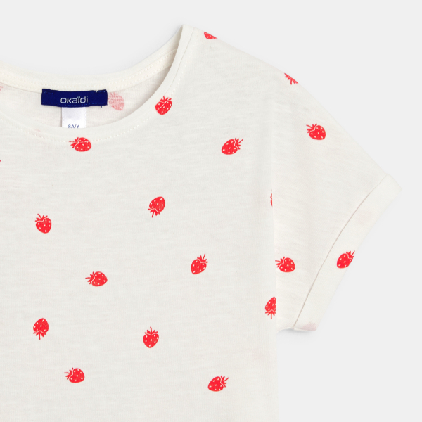 Girl's white short-sleeve strawberry motif T-shirt