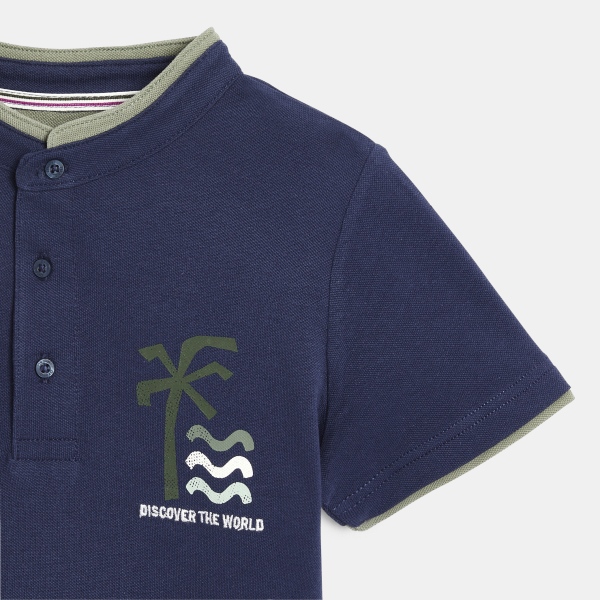 Boy's navy blue short-sleeve palm tree polo shirt
