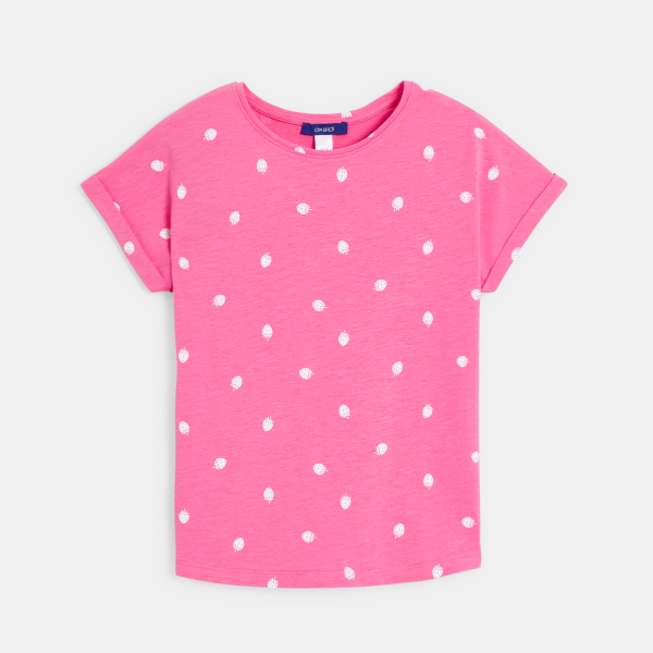 Girl's white short-sleeve strawberry motif T-shirt