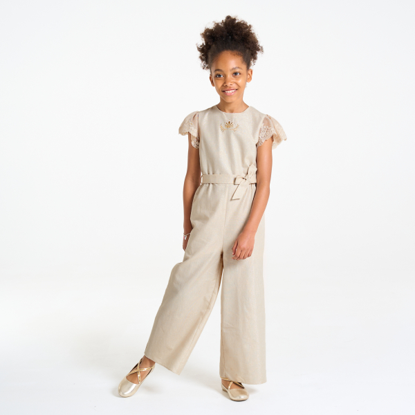 Girl's beige sequinned linen jumpsuit