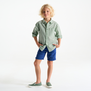 Boy's green linen striped shirt