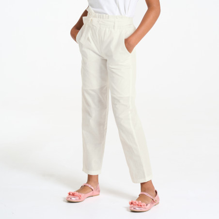 Girl's white paper bag style straight-cut trousers