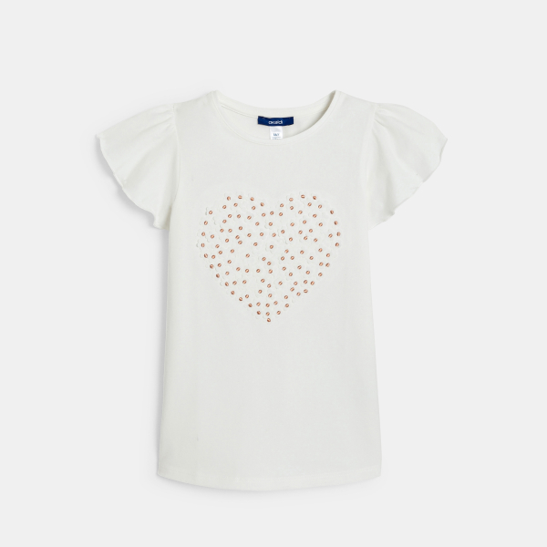 T-shirt manches papillon motif cœur blanc Fille