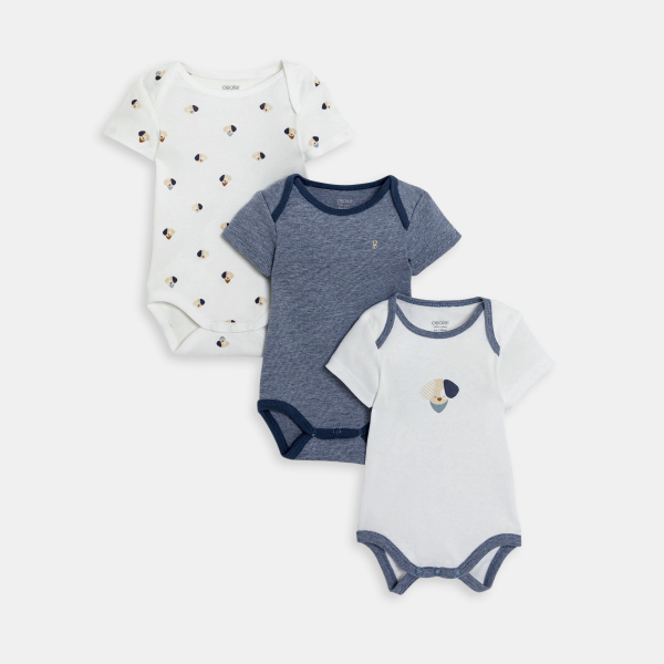 Baby boy's short-sleeve envelope-neckline blue bodysuit (pack of 3)