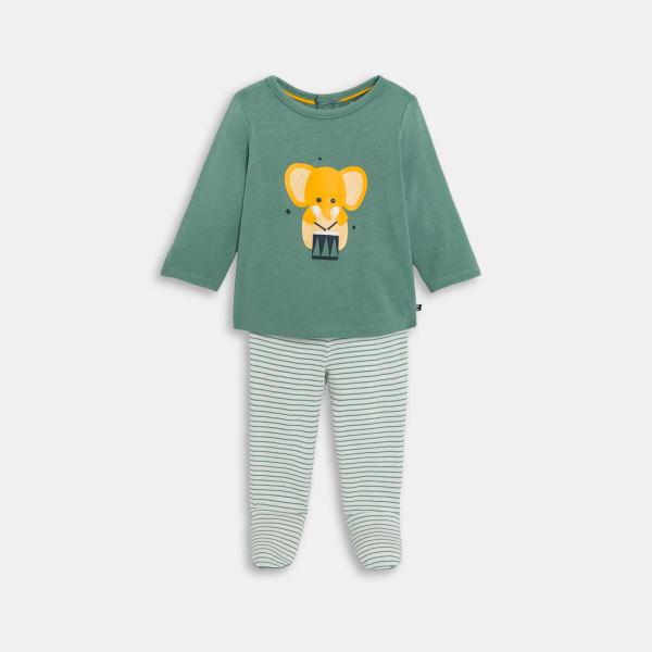 Baby boy's green lightweight jersey pyjamas with elephant musician motif