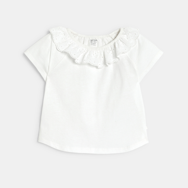 Baby girl's white T-shirt with embroidered collar
