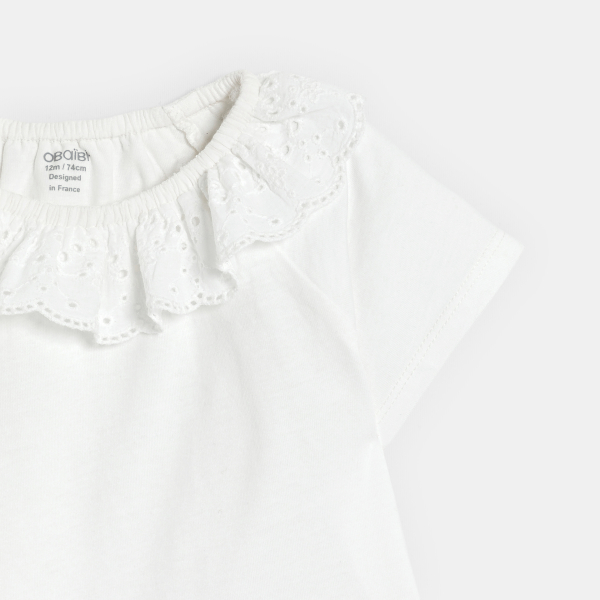 Baby girl's white T-shirt with embroidered collar