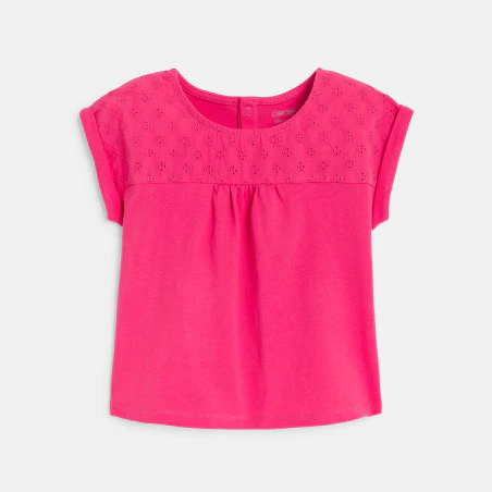 Baby girl's pink two-fabric T-shirt with broderie anglaise