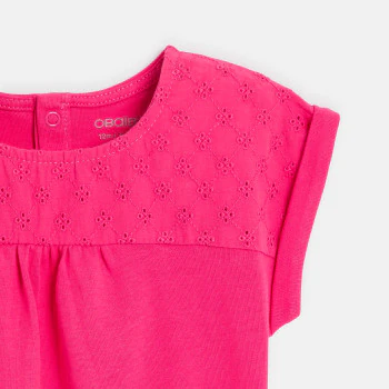 Baby girl's pink two-fabric T-shirt with broderie anglaise
