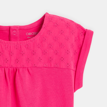 T-shirt bi-matière broderie anglaise rose bébé fille