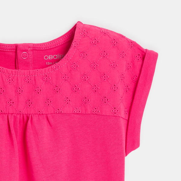 T-shirt bi-matière broderie anglaise rose bébé fille