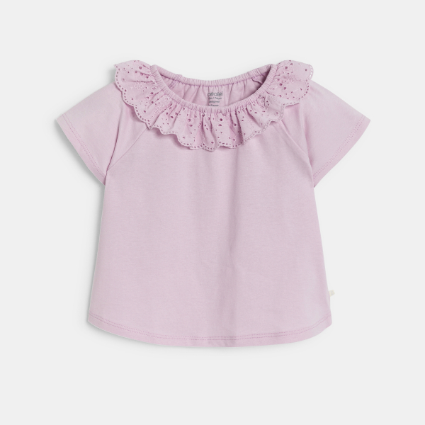 Baby girl's mauve T-shirt with embroidered collar