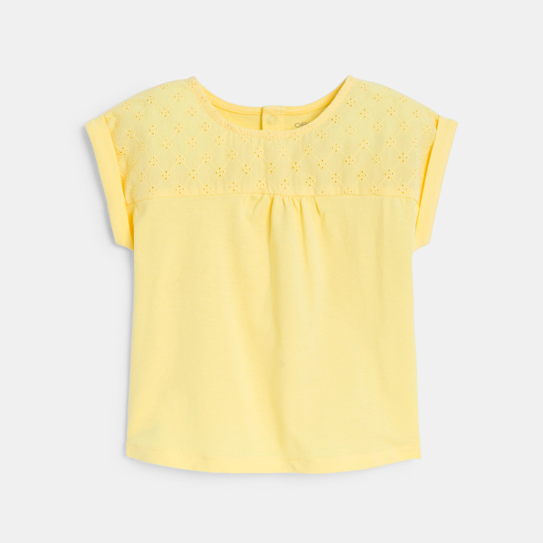 T-shirt bi-matière broderie anglaise jaune bébé fille