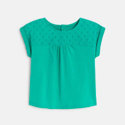 Baby girl's green two-fabric T-shirt with broderie anglaise